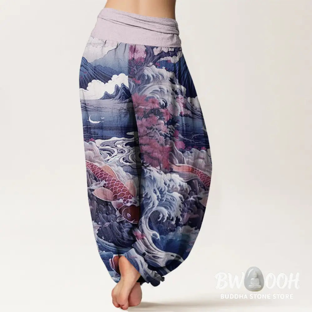 Buddha Stones Cotton Casual Blossoming Tree Koi Fish Wave Mountain Pattern Women’s Elastic Waist Harem Pants - Women’s