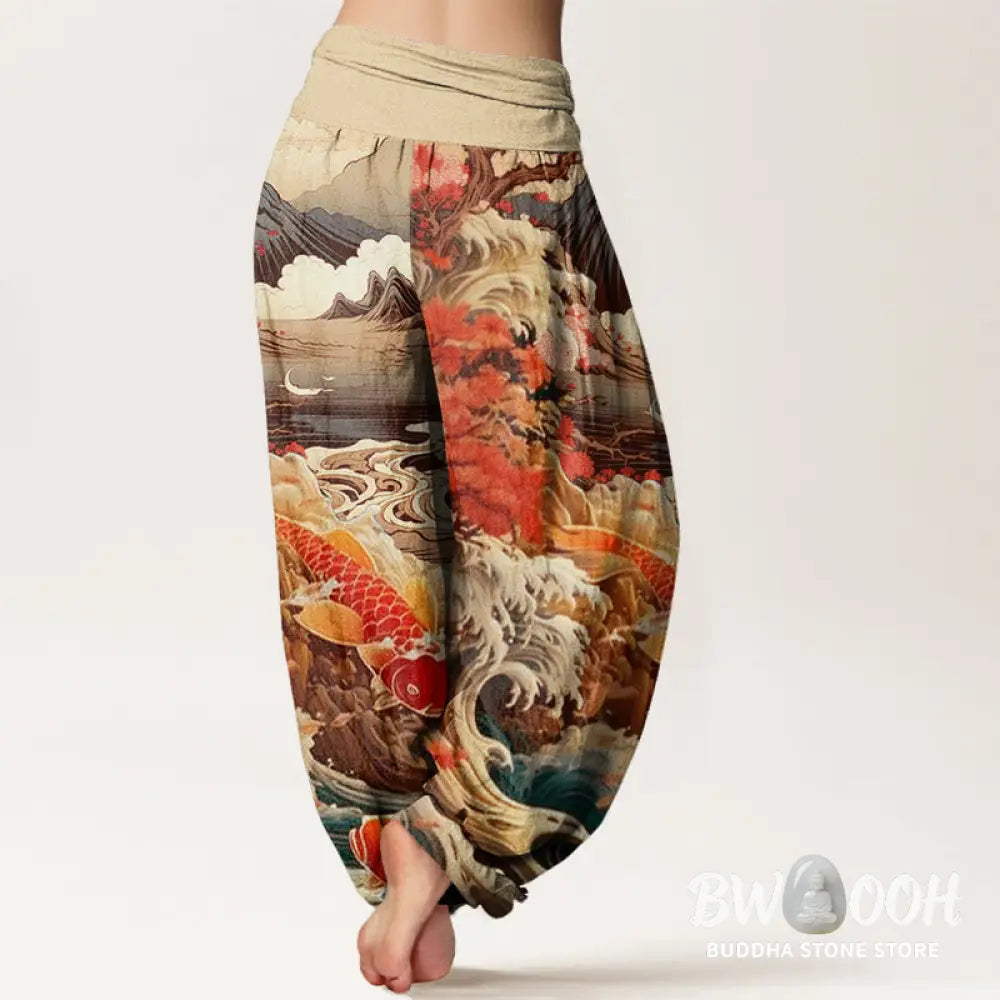 Buddha Stones Cotton Casual Blossoming Tree Koi Fish Wave Mountain Pattern Women’s Elastic Waist Harem Pants - Women’s