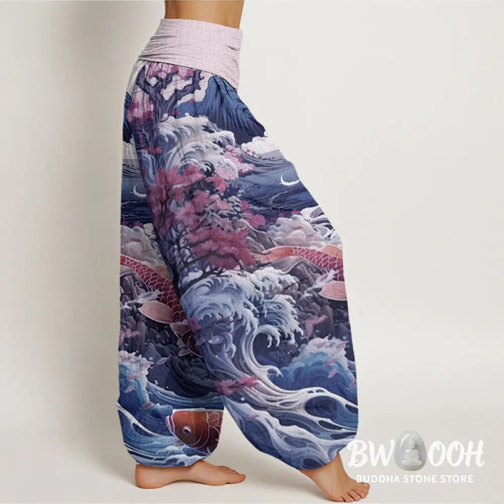 Buddha Stones Cotton Casual Blossoming Tree Koi Fish Wave Mountain Pattern Women’s Elastic Waist Harem Pants - Women’s