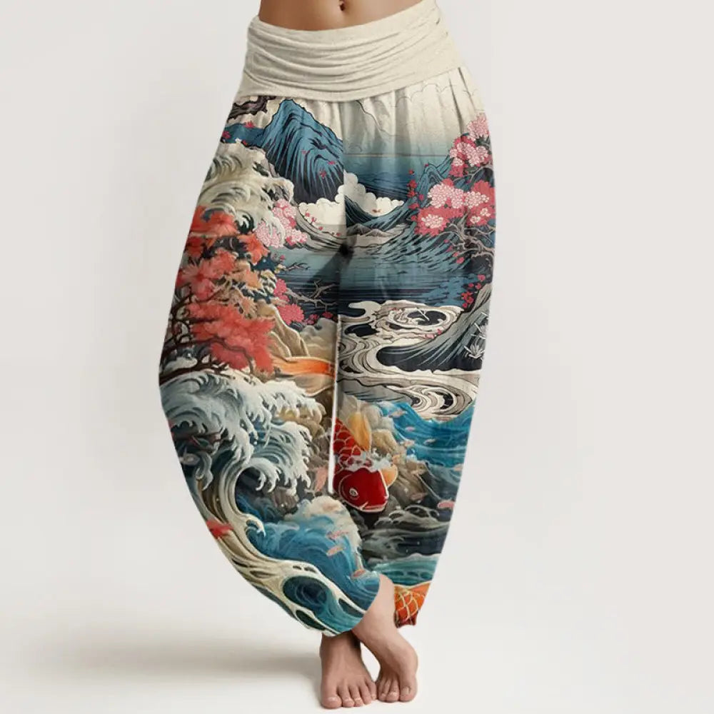 BWOOOH koi fish print harem pants - Cotton Casual Blossoming Tree Koi Fish W