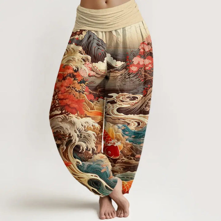 Buddha Stones Cotton Casual Blossoming Tree Koi Fish Wave Mountain Pattern Women’s Elastic Waist Harem Pants