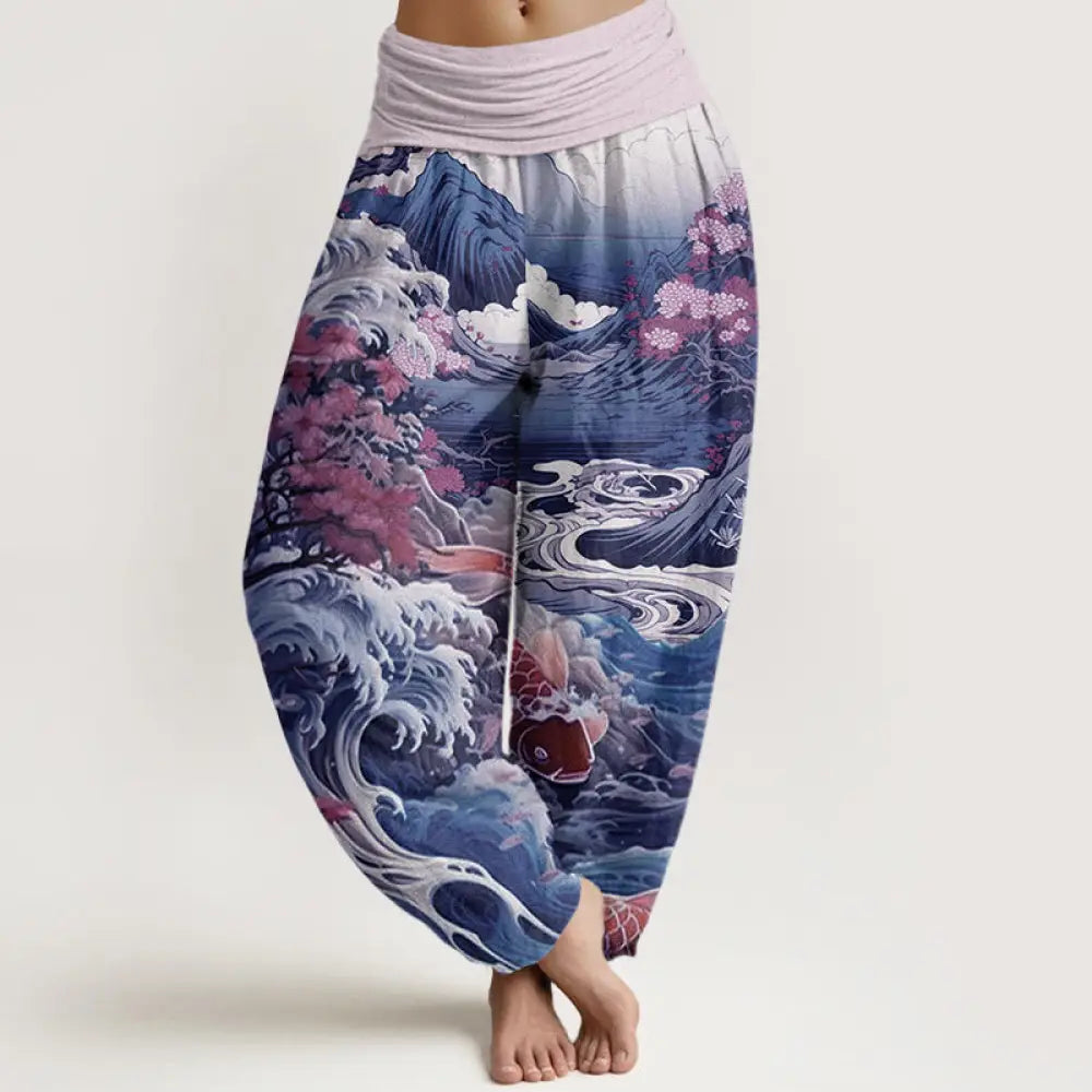 Buddha Stones Cotton Casual Blossoming Tree Koi Fish Wave Mountain Pattern Women’s Elastic Waist Harem Pants - Plum