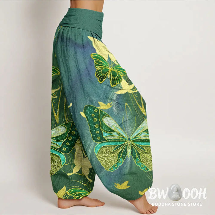 Buddha Stones Cotton Casual Butterfly Gold Line Pattern Women’s Elastic Waist Harem Pants - Women’s Harem Pants
