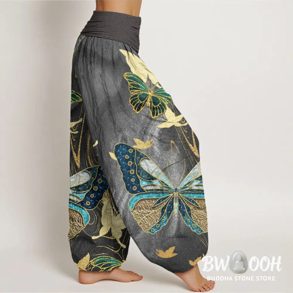 Buddha Stones Cotton Casual Butterfly Gold Line Pattern Women’s Elastic Waist Harem Pants - Women’s Harem Pants