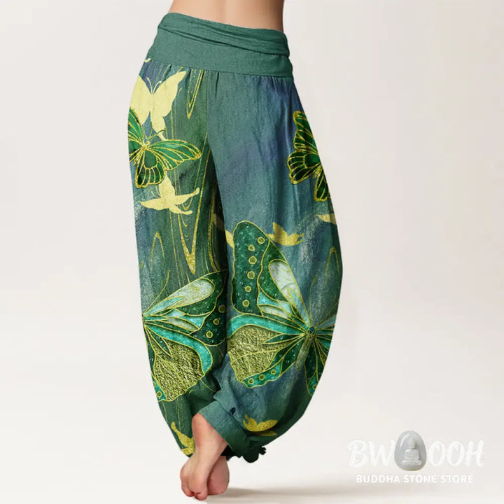 Buddha Stones Cotton Casual Butterfly Gold Line Pattern Women’s Elastic Waist Harem Pants - Women’s Harem Pants
