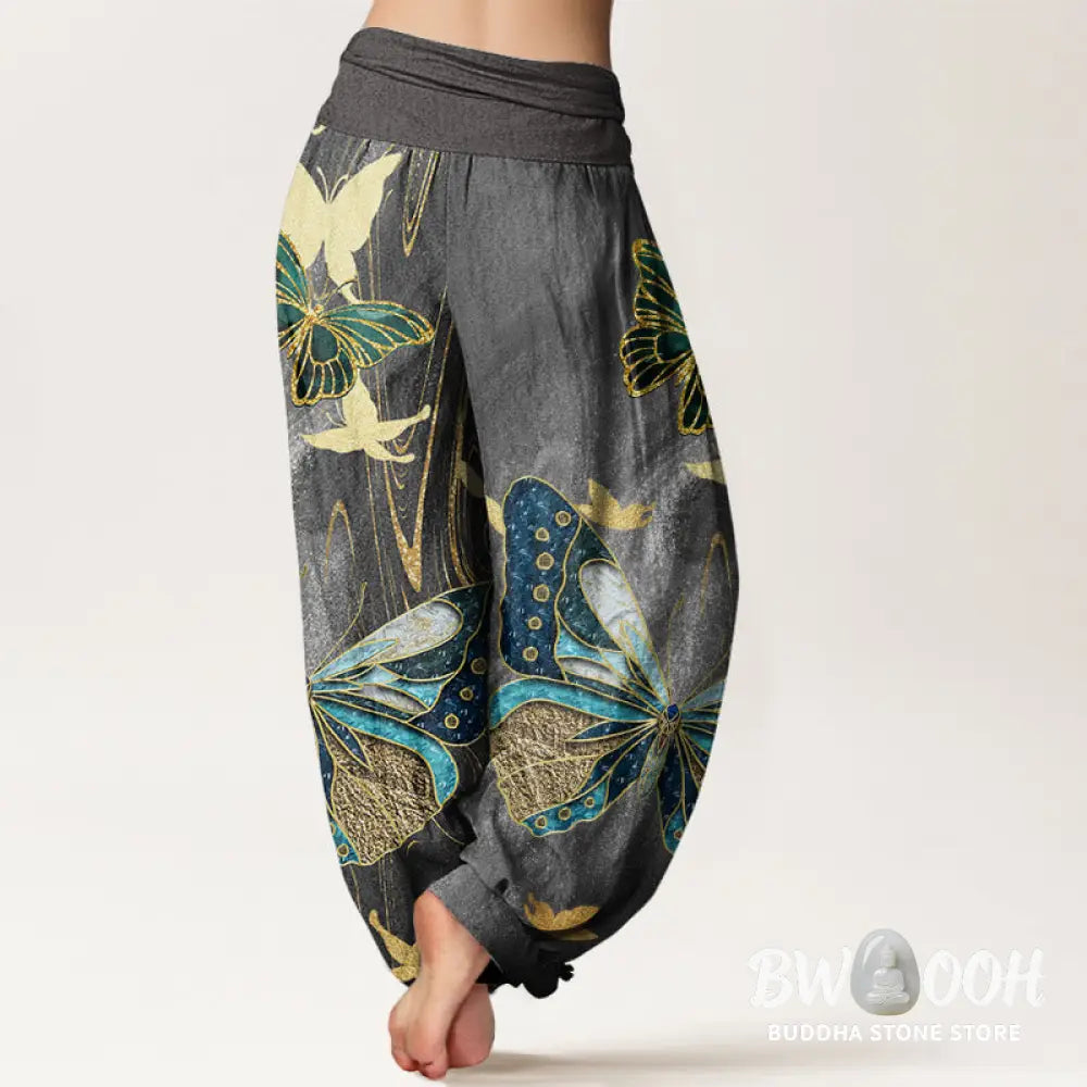 Buddha Stones Cotton Casual Butterfly Gold Line Pattern Women’s Elastic Waist Harem Pants - Women’s Harem Pants