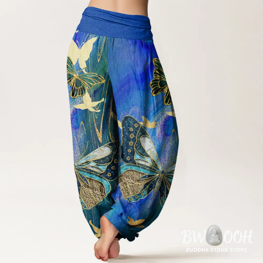 Buddha Stones Cotton Casual Butterfly Gold Line Pattern Women’s Elastic Waist Harem Pants - Women’s Harem Pants