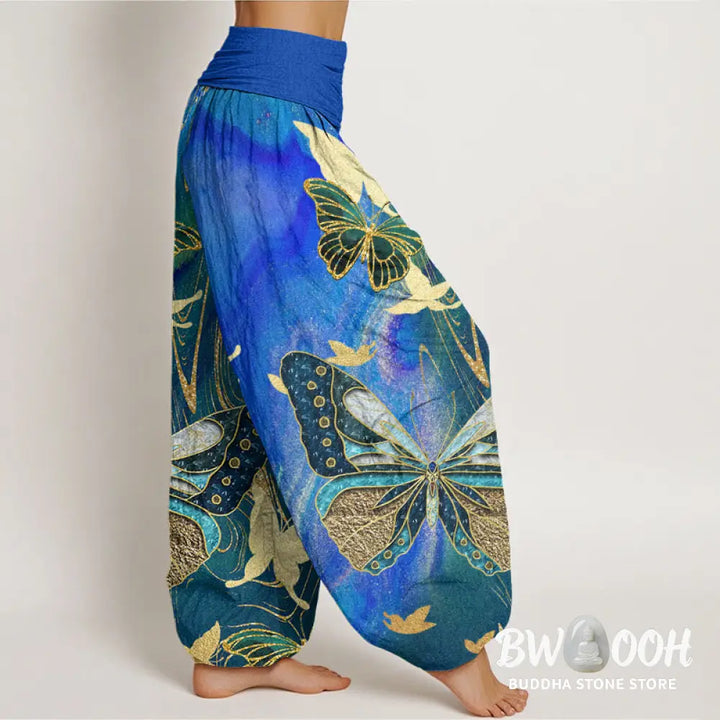Buddha Stones Cotton Casual Butterfly Gold Line Pattern Women’s Elastic Waist Harem Pants - Women’s Harem Pants