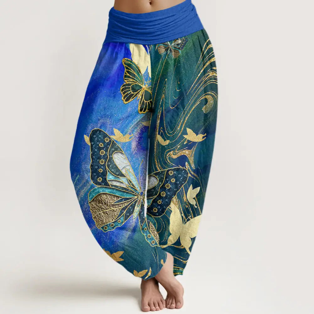 Buddha Stones Cotton Casual Butterfly Gold Line Pattern Women’s Elastic Waist Harem Pants - Blue / US2，UK/AU6，EU34 (XS)