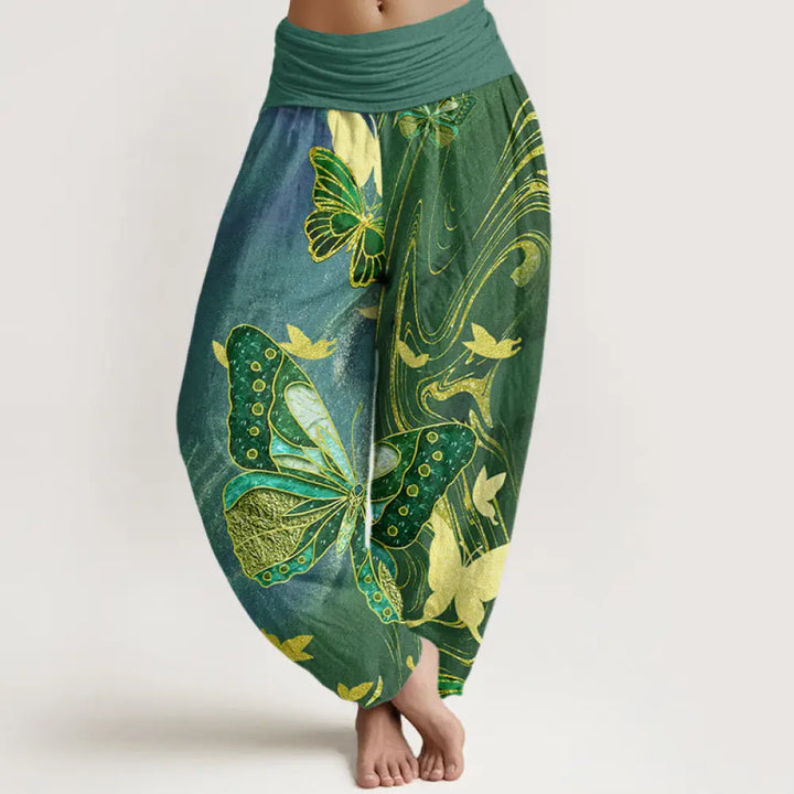 Buddha Stones Cotton Casual Butterfly Gold Line Pattern Women’s Elastic Waist Harem Pants - CadetBlue / US2，UK/AU6，EU34