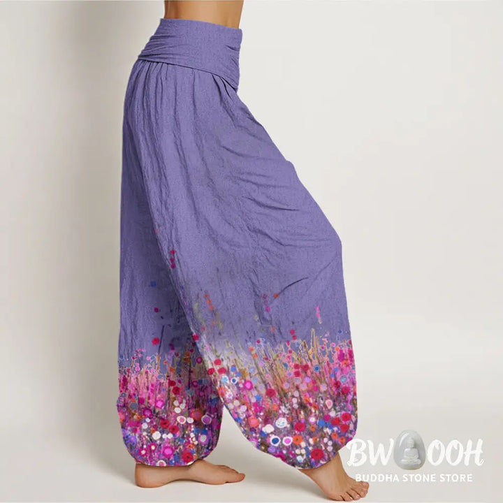 Buddha Stones Cotton Casual Colorful Wildflower Field Pattern Women’s Elastic Waist Harem Pants - Women’s Harem Pants