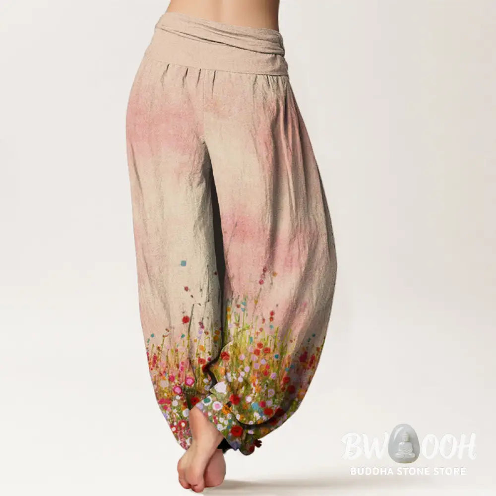 Buddha Stones Cotton Casual Colorful Wildflower Field Pattern Women’s Elastic Waist Harem Pants - Women’s Harem Pants