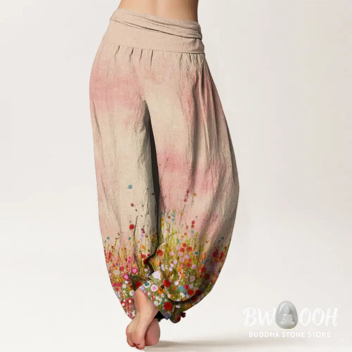 Buddha Stones Cotton Casual Colorful Wildflower Field Pattern Women’s Elastic Waist Harem Pants - Women’s Harem Pants