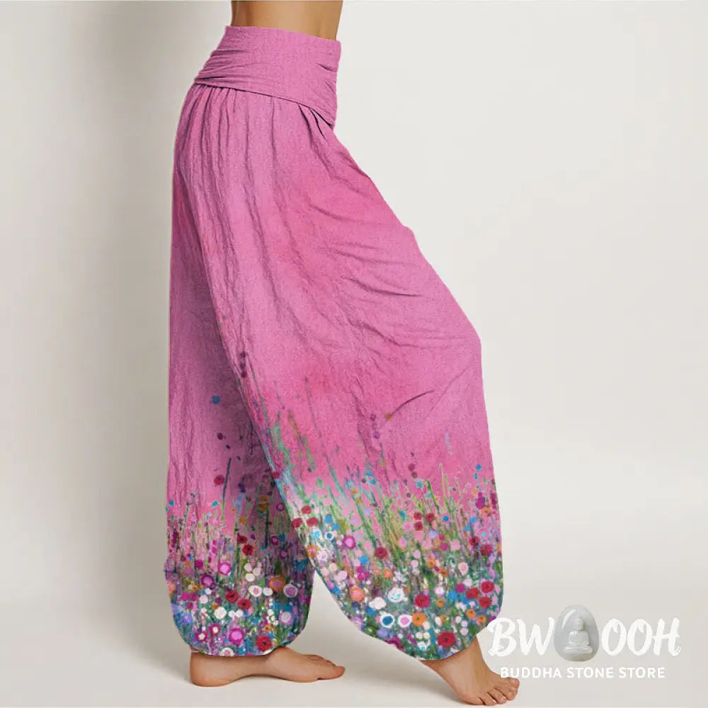 Buddha Stones Cotton Casual Colorful Wildflower Field Pattern Women’s Elastic Waist Harem Pants - Women’s Harem Pants