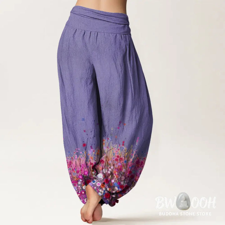 Buddha Stones Cotton Casual Colorful Wildflower Field Pattern Women’s Elastic Waist Harem Pants - Women’s Harem Pants