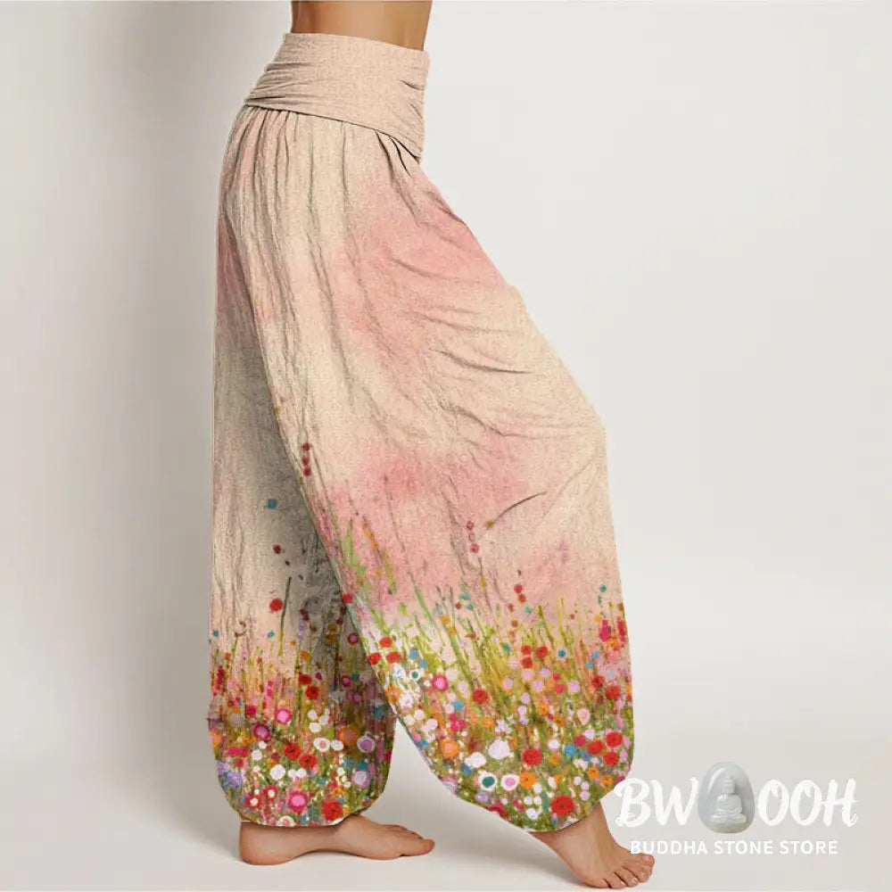 Buddha Stones Cotton Casual Colorful Wildflower Field Pattern Women’s Elastic Waist Harem Pants - Women’s Harem Pants