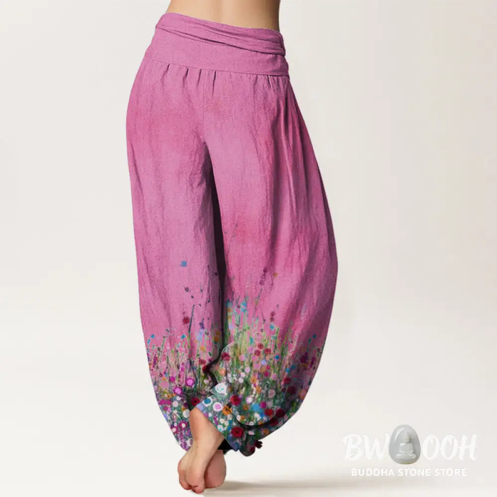 Buddha Stones Cotton Casual Colorful Wildflower Field Pattern Women’s Elastic Waist Harem Pants - Women’s Harem Pants