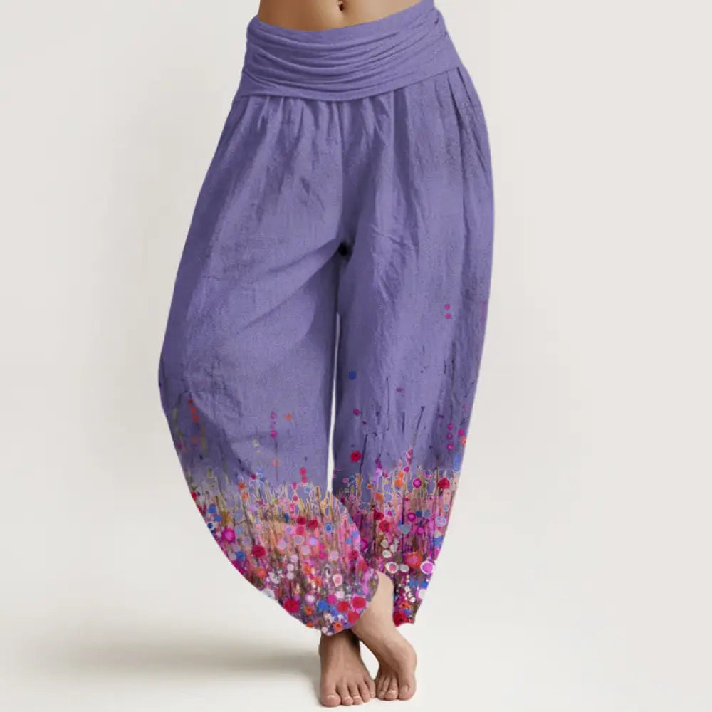 Buddha Stones Cotton Casual Colorful Wildflower Field Pattern Women’s Elastic Waist Harem Pants - DarkOrchid