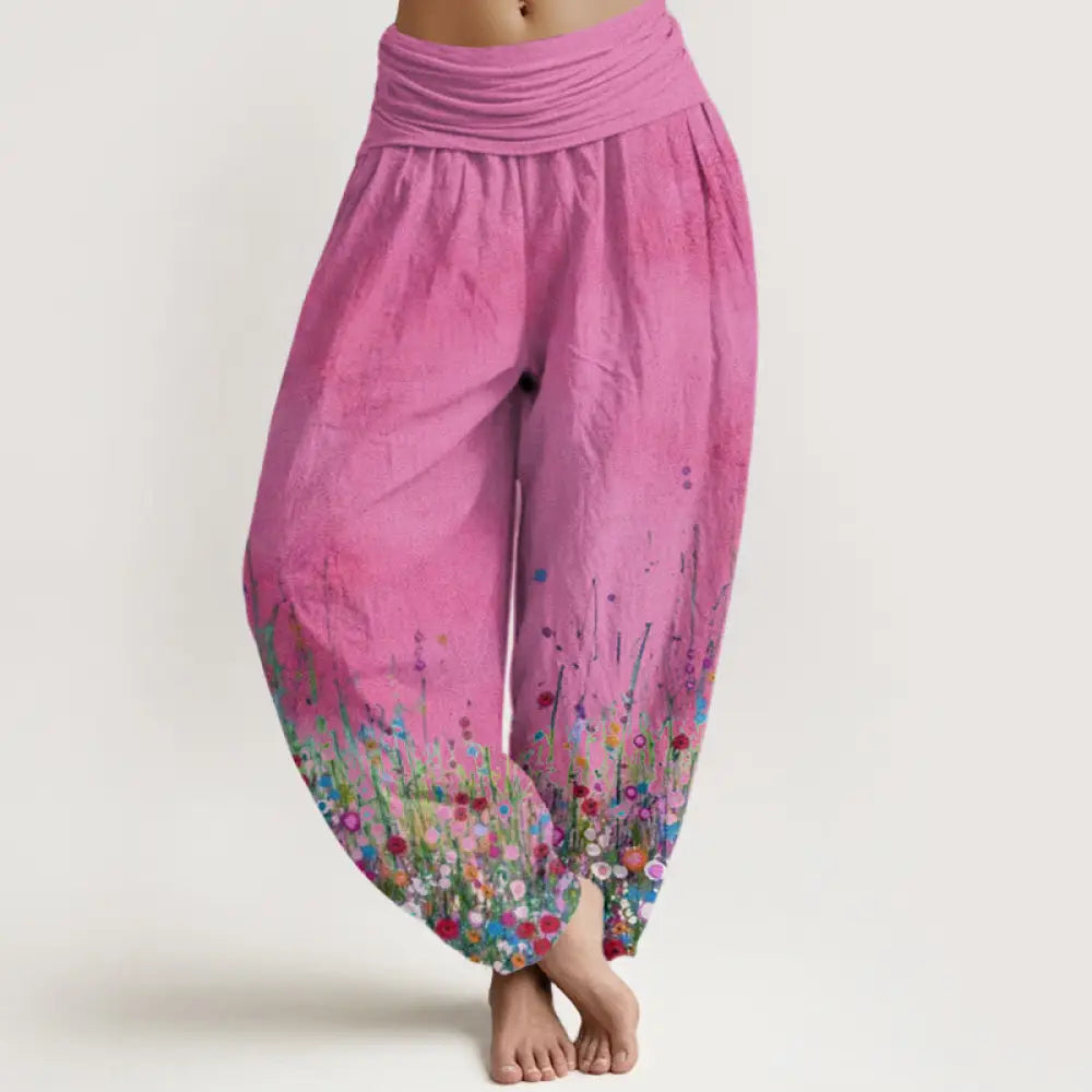 Buddha Stones Cotton Casual Colorful Wildflower Field Pattern Women’s Elastic Waist Harem Pants - DeepPink