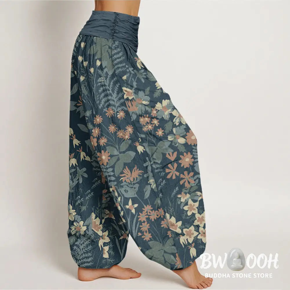 Buddha Stones Cotton Casual Daisy Flowers Leaves Design Women's Elastic Waist Harem Pants - Women's Harem Pants
