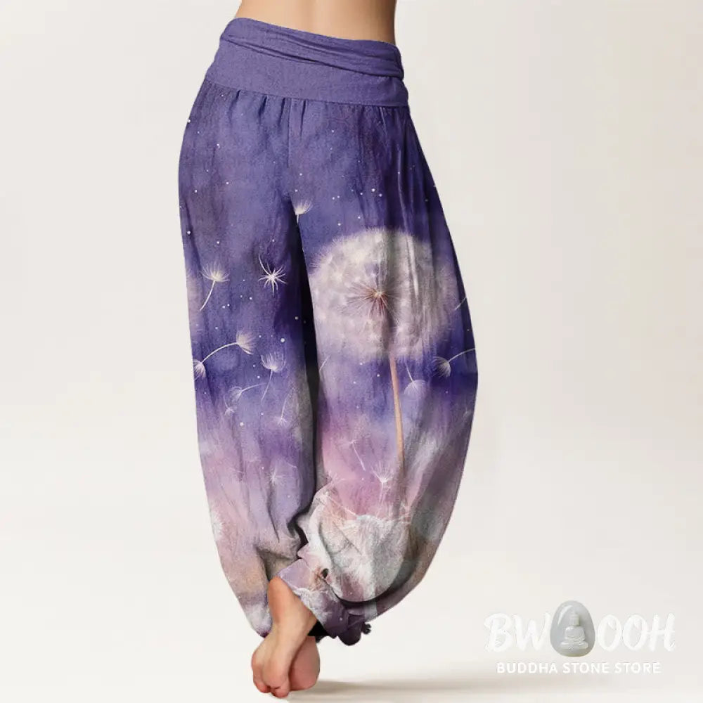 Buddha Stones Cotton Casual Dandelion Pattern Women’s Elastic Waist Harem Pants - Women’s Harem Pants