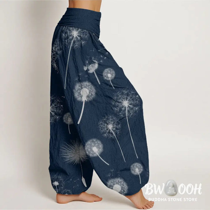 Buddha Stones Cotton Casual Dandelion Pattern Women’s Elastic Waist Harem Pants - Women’s Harem Pants
