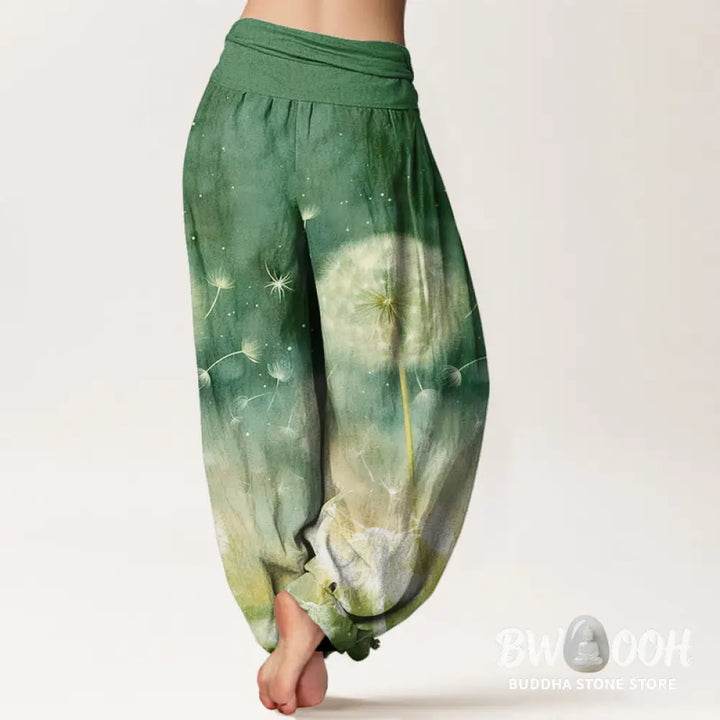 Buddha Stones Cotton Casual Dandelion Pattern Women’s Elastic Waist Harem Pants - Women’s Harem Pants