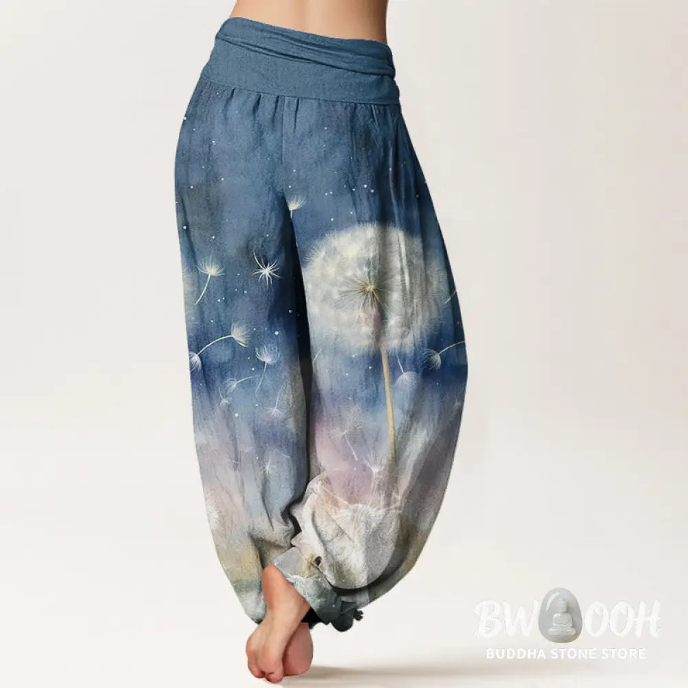 Buddha Stones Cotton Casual Dandelion Pattern Women’s Elastic Waist Harem Pants - Women’s Harem Pants