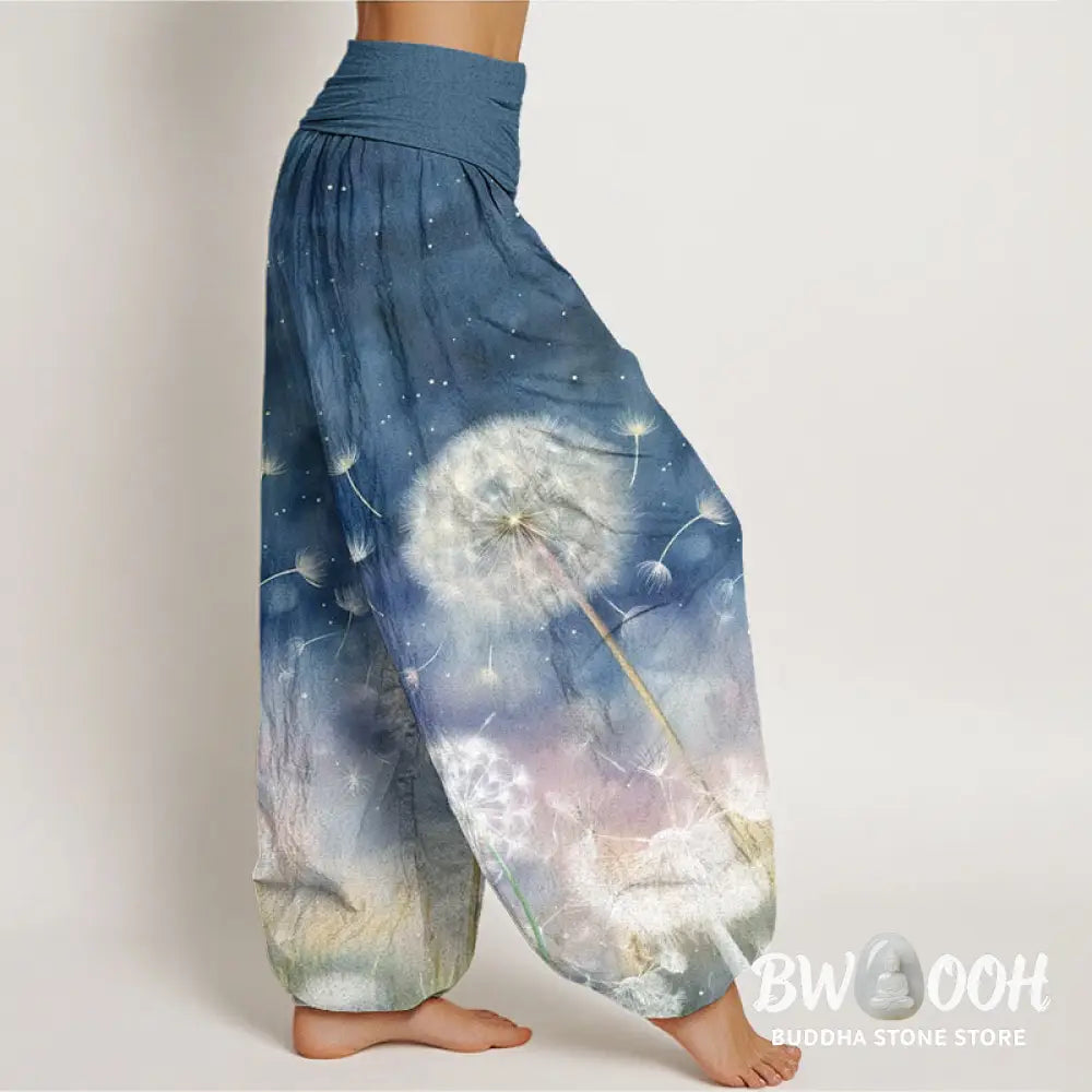 Buddha Stones Cotton Casual Dandelion Pattern Women’s Elastic Waist Harem Pants - Women’s Harem Pants