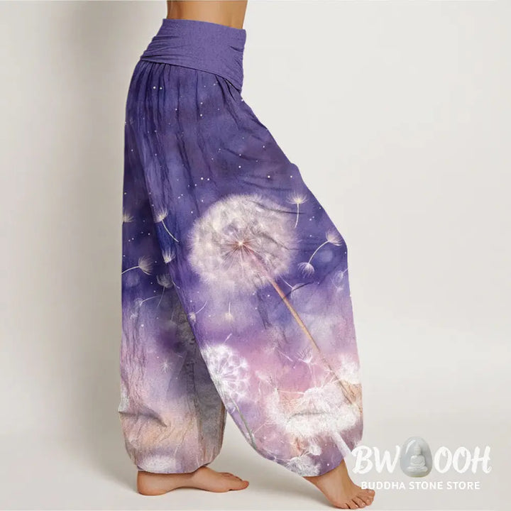 Buddha Stones Cotton Casual Dandelion Pattern Women’s Elastic Waist Harem Pants - Women’s Harem Pants