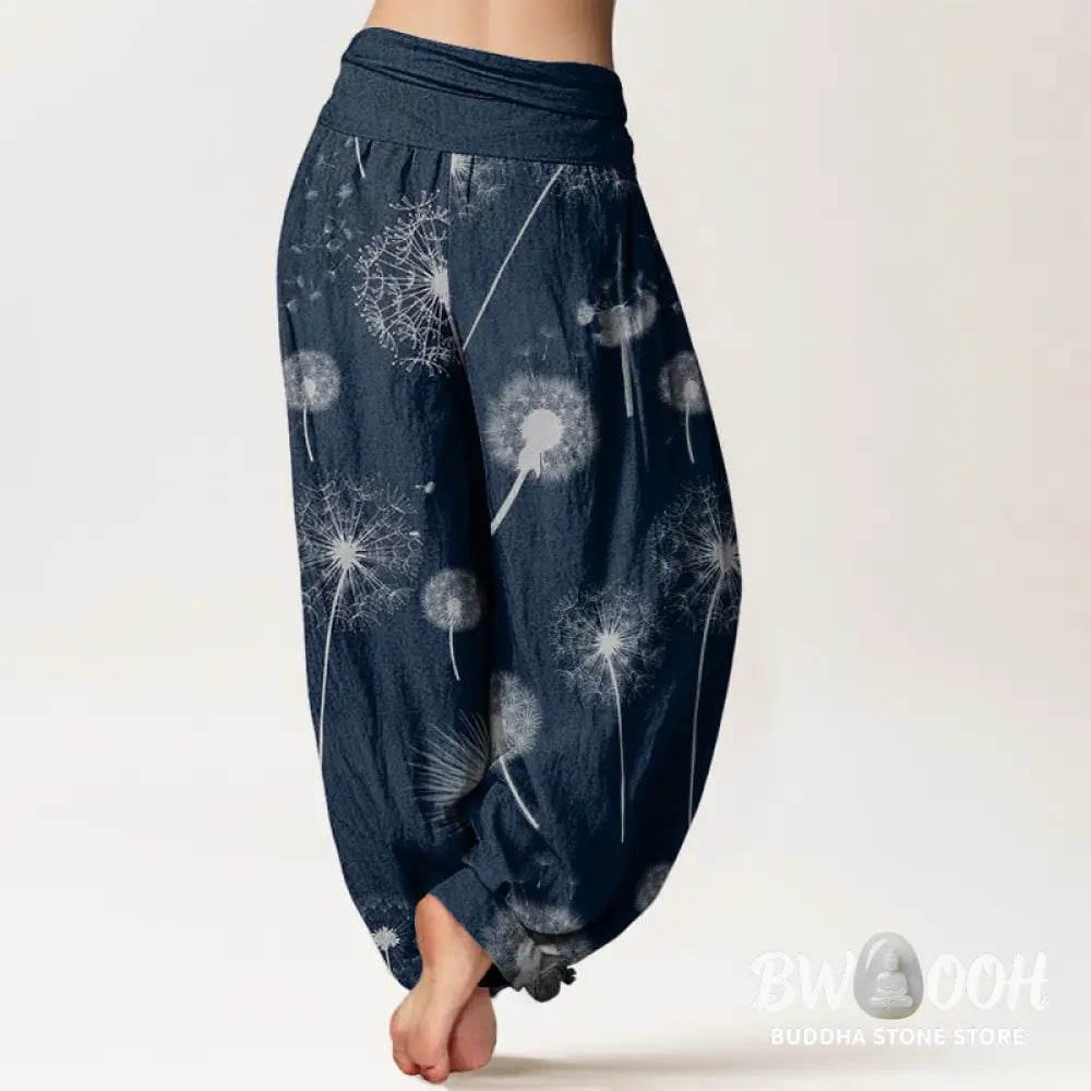 Buddha Stones Cotton Casual Dandelion Pattern Women’s Elastic Waist Harem Pants - Women’s Harem Pants
