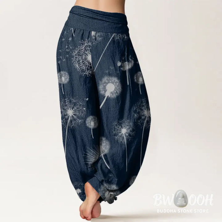 Buddha Stones Cotton Casual Dandelion Pattern Women’s Elastic Waist Harem Pants - Women’s Harem Pants