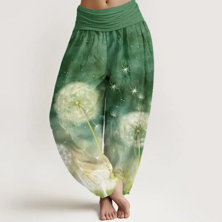Buddha Stones Cotton Casual Dandelion Pattern Women’s Elastic Waist Harem Pants - ForestGreen / US2，UK/AU6，EU34 (XS)
