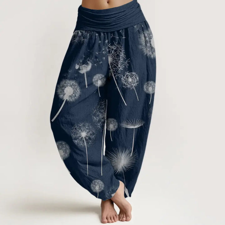 Buddha Stones Cotton Casual Dandelion Pattern Women’s Elastic Waist Harem Pants - MidnightBlue / US2，UK/AU6，EU34 (XS)