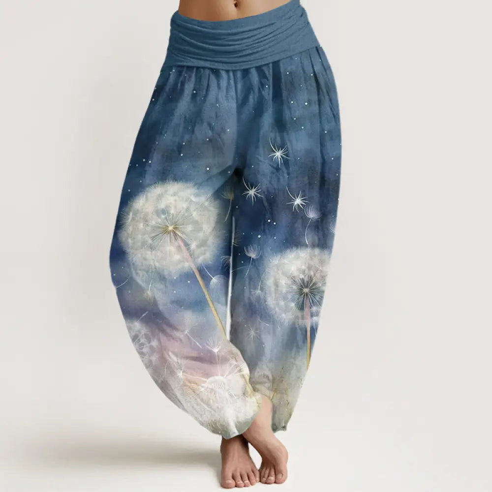 Buddha Stones Cotton Casual Dandelion Pattern Women’s Elastic Waist Harem Pants - SteelBlue / US2，UK/AU6，EU34 (XS)