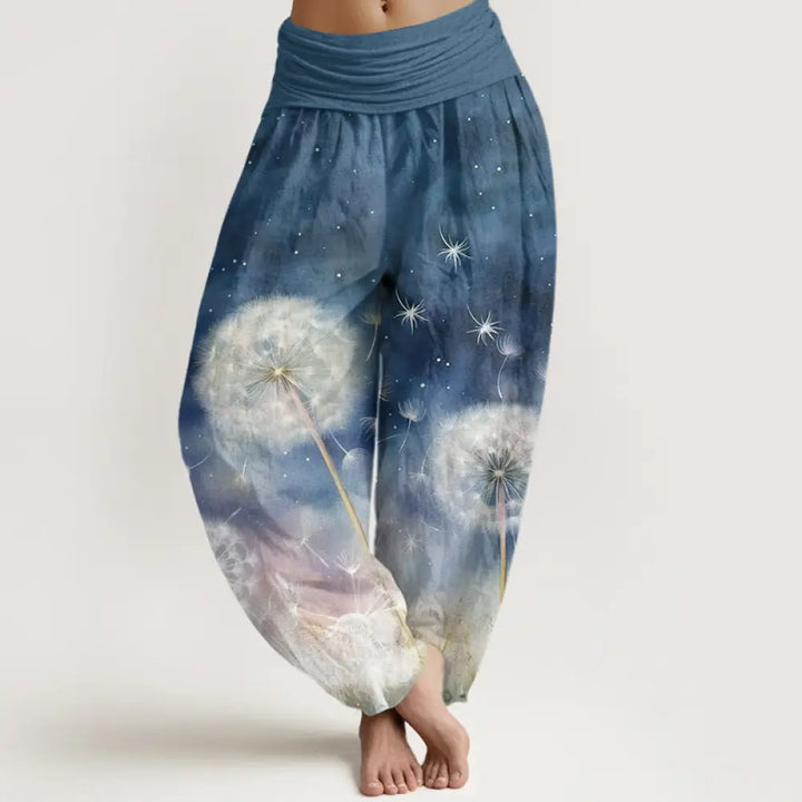 Buddha Stones Cotton Casual Dandelion Pattern Women’s Elastic Waist Harem Pants - SteelBlue / US2，UK/AU6，EU34 (XS)