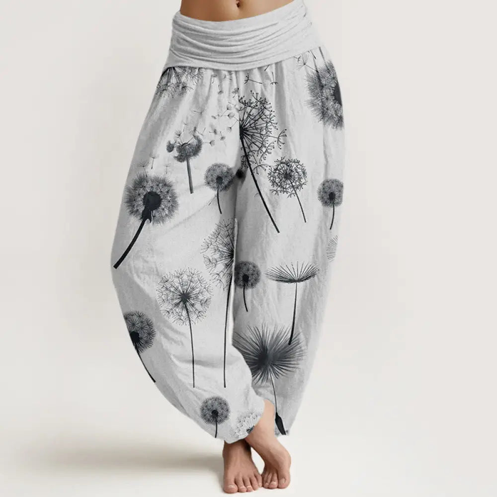 Buddha Stones Cotton Casual Dandelion Pattern Women’s Elastic Waist Harem Pants - WhiteSmoke / US2，UK/AU6，EU34 (XS)