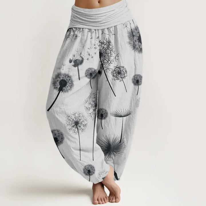 Buddha Stones Cotton Casual Dandelion Pattern Women’s Elastic Waist Harem Pants - WhiteSmoke / US2，UK/AU6，EU34 (XS)