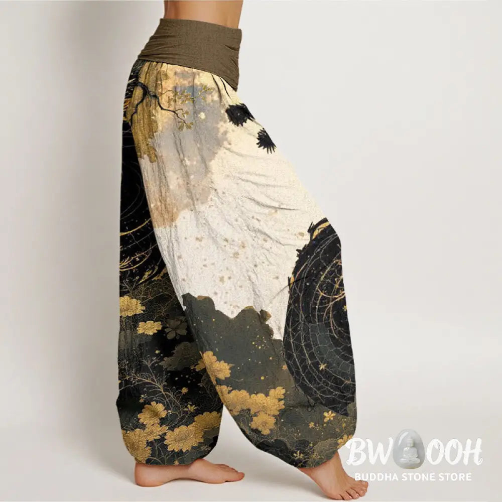 Buddha Stones Cotton Casual Dragon Ancient Tree Pattern Women’s Elastic Waist Harem Pants - Women’s Harem Pants