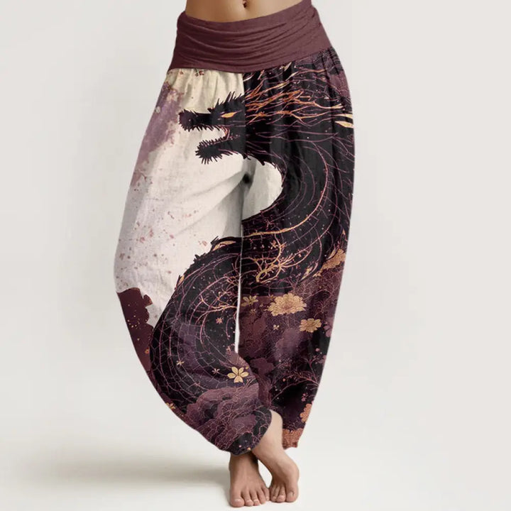 Buddha Stones Cotton Casual Dragon Ancient Tree Pattern Women’s Elastic Waist Harem Pants - RosyBrown / US2，UK/AU6，EU34
