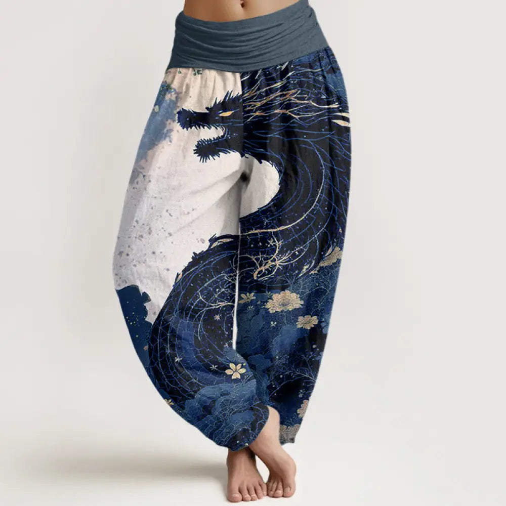 Buddha Stones Cotton Casual Dragon Ancient Tree Pattern Women’s Elastic Waist Harem Pants - SteelBlue / US2，UK/AU6，EU34