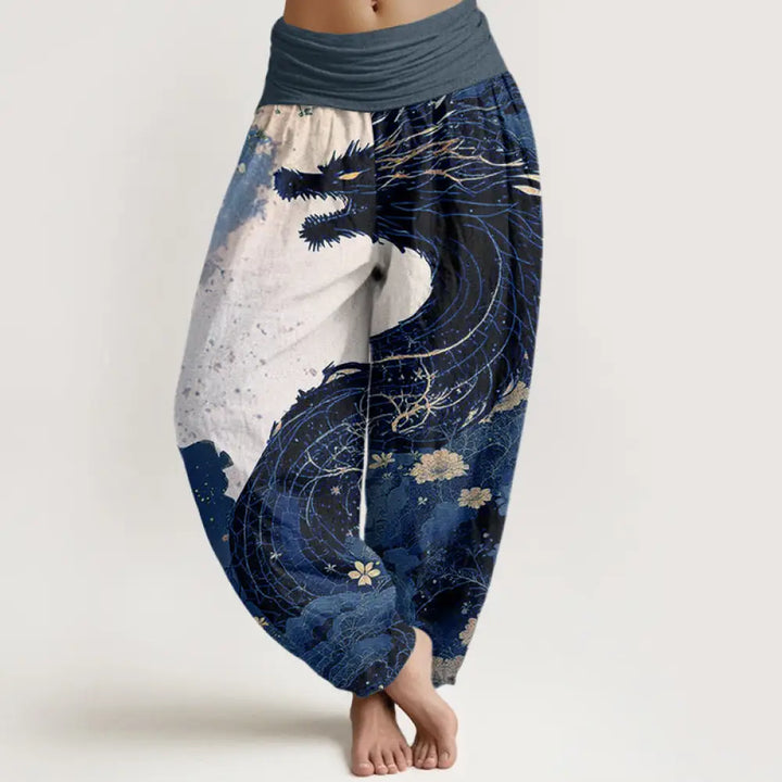 Buddha Stones Cotton Casual Dragon Ancient Tree Pattern Women’s Elastic Waist Harem Pants - SteelBlue / US2，UK/AU6，EU34