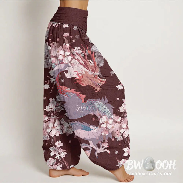 Buddha Stones Cotton Casual Dragon Cherry Blossoms Women’s Elastic Waist Harem Pants - Women’s Harem Pants