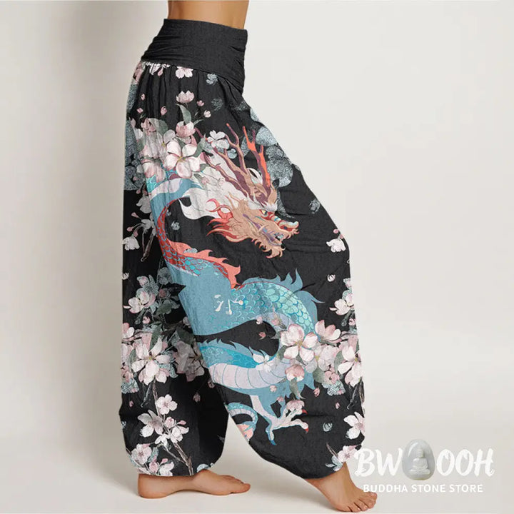 Buddha Stones Cotton Casual Dragon Cherry Blossoms Women’s Elastic Waist Harem Pants - Women’s Harem Pants