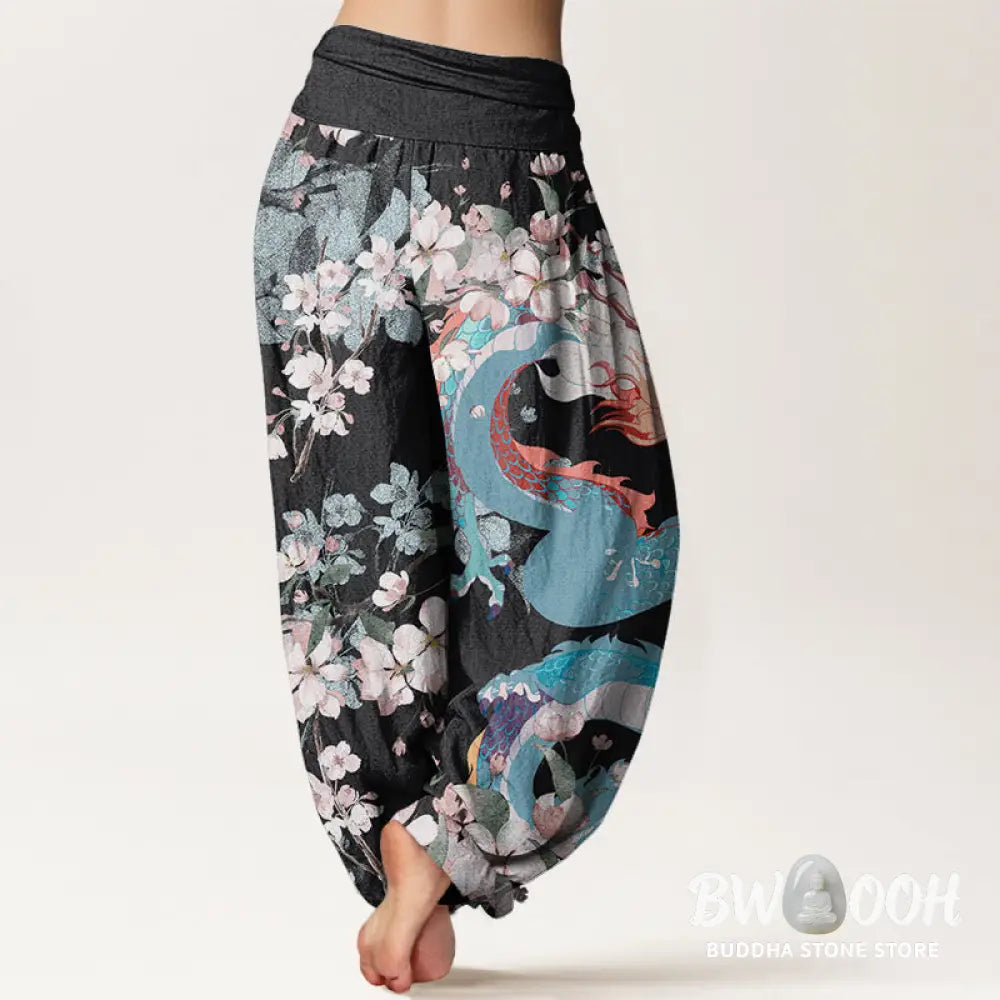 Buddha Stones Cotton Casual Dragon Cherry Blossoms Women’s Elastic Waist Harem Pants - Women’s Harem Pants