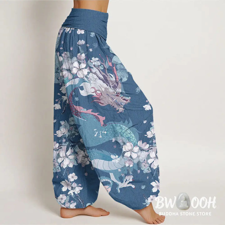Buddha Stones Cotton Casual Dragon Cherry Blossoms Women’s Elastic Waist Harem Pants - Women’s Harem Pants