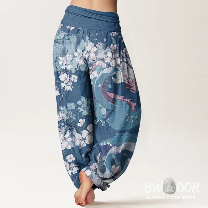 Buddha Stones Cotton Casual Dragon Cherry Blossoms Women’s Elastic Waist Harem Pants - Women’s Harem Pants