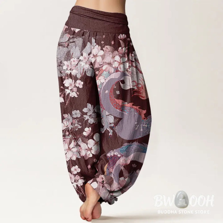 Buddha Stones Cotton Casual Dragon Cherry Blossoms Women’s Elastic Waist Harem Pants - Women’s Harem Pants