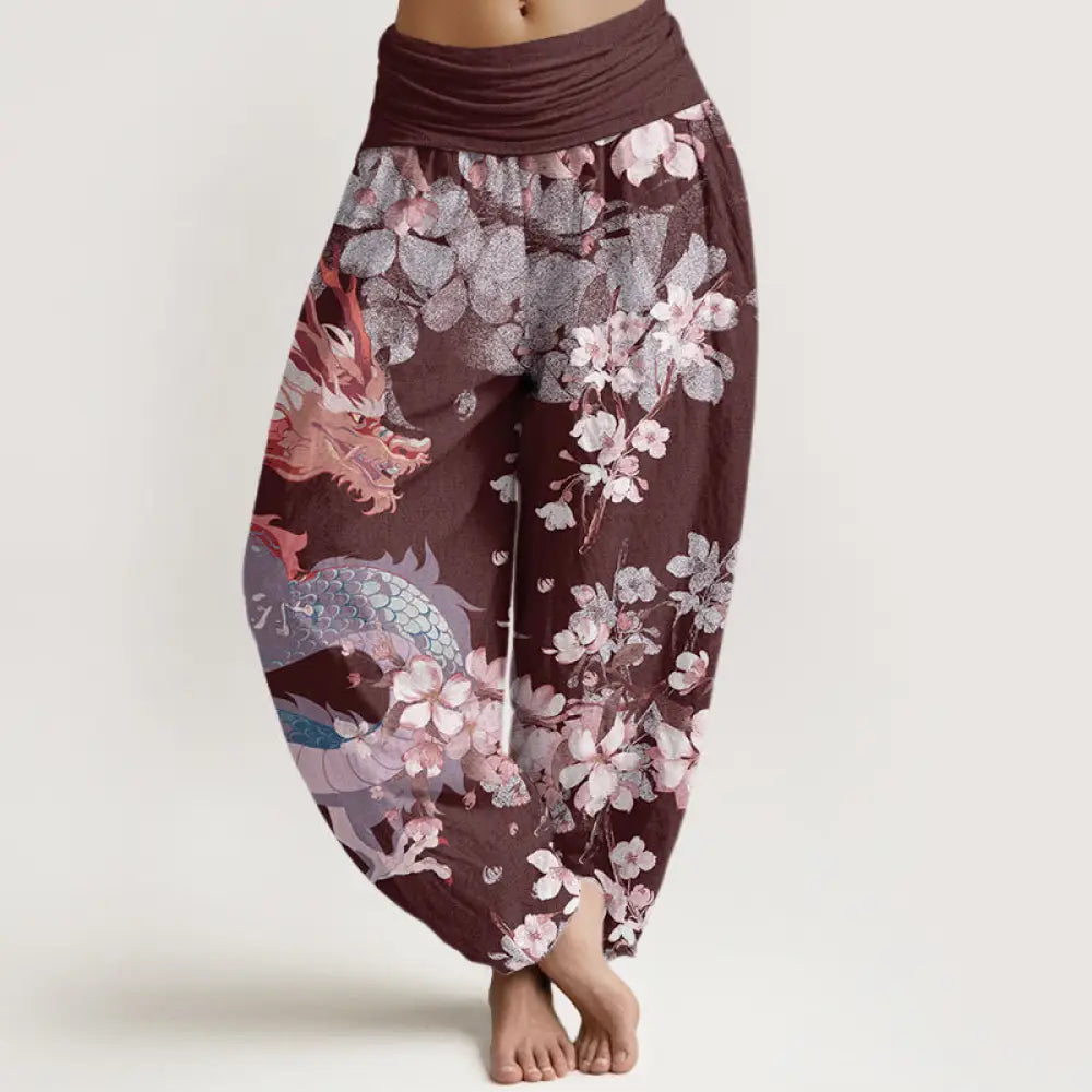 Buddha Stones Cotton Casual Dragon Cherry Blossoms Women’s Elastic Waist Harem Pants - Maroon / US2，UK/AU6，EU34 (XS)
