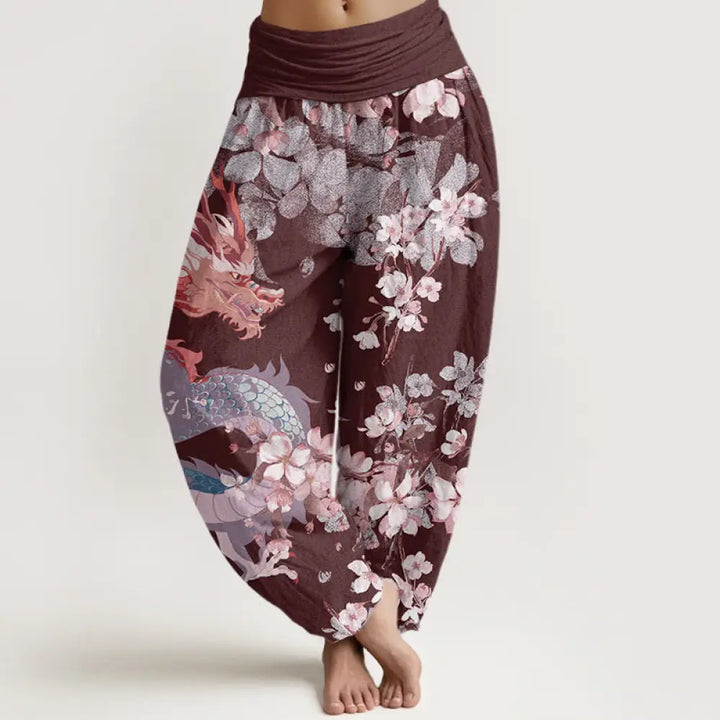 Buddha Stones Cotton Casual Dragon Cherry Blossoms Women’s Elastic Waist Harem Pants - Maroon / US2，UK/AU6，EU34 (XS)
